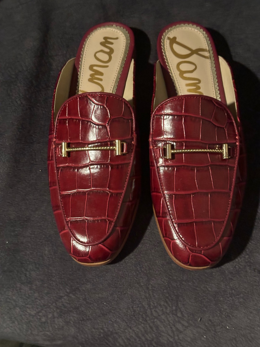 Sam Edelman Burgundy Croc-Embossed Leather Loafers with Gold Accent